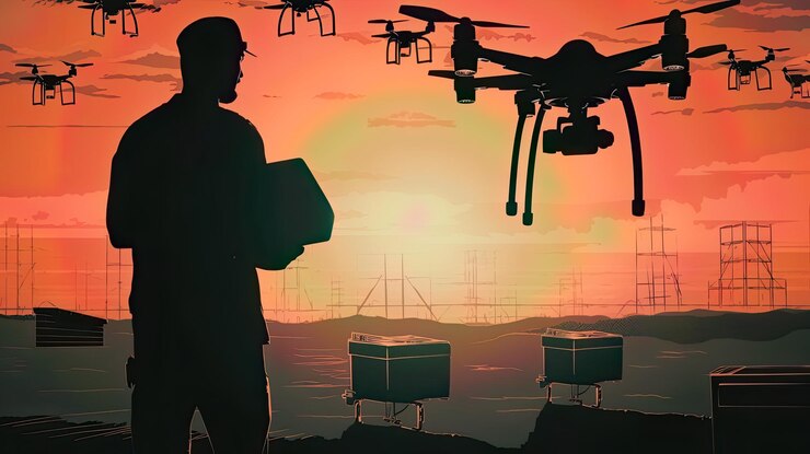 Foto un hombre con sombrero se para frente a una puesta de sol con un dron en primer plano.
