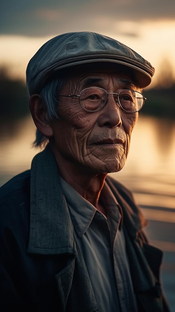 Un hombre con sombrero se para frente a una puesta de sol.