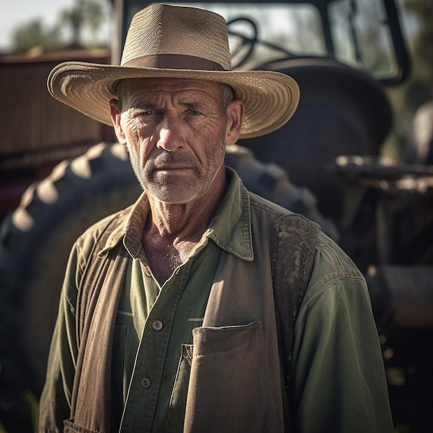 Un hombre con sombrero se para frente a un tractor.