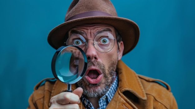 Hombre con sombrero y gafas examinando con lupa