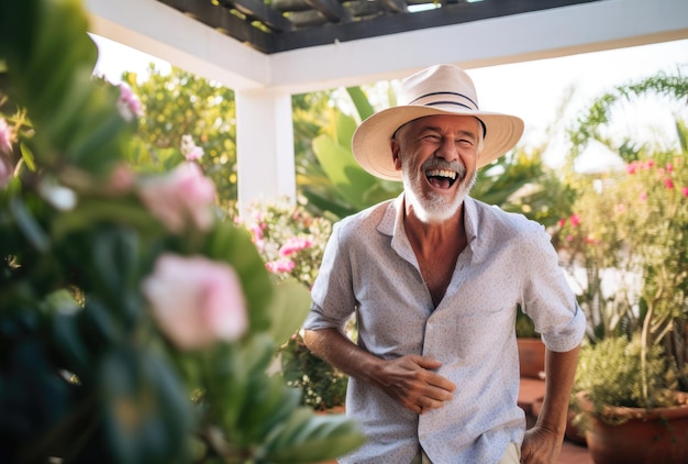 Un hombre con sombrero en un hermoso jardín.