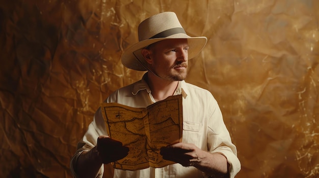 Un hombre con un sombrero y un mapa en la mano está mirando a un lado tal vez a algo en la distancia
