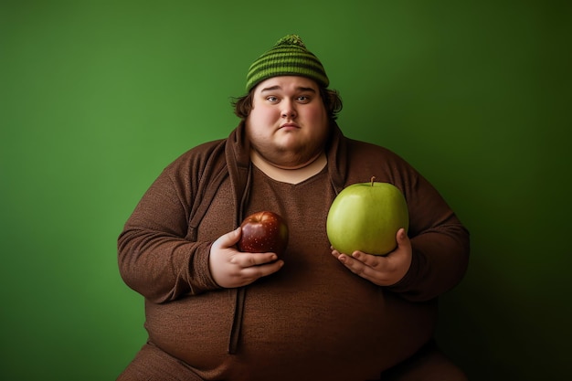 Un hombre con un sombrero marrón sostiene una manzana y una manzana verde.