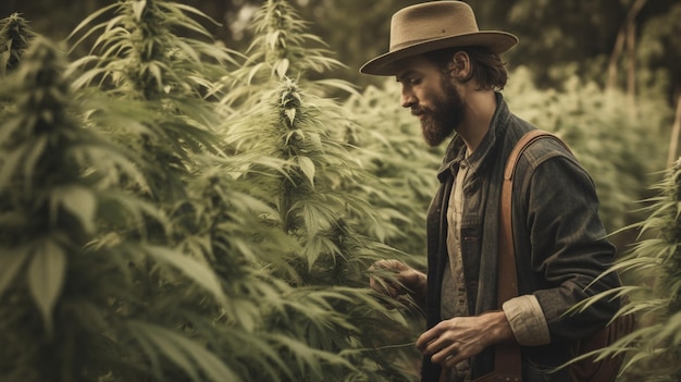 Un hombre con un sombrero mira las plantas de cannabis.