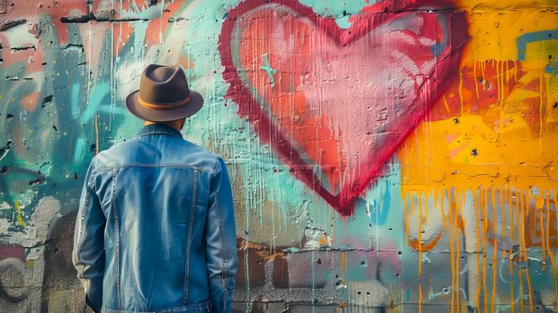 Un hombre con un sombrero mirando un corazón pintado en una pared