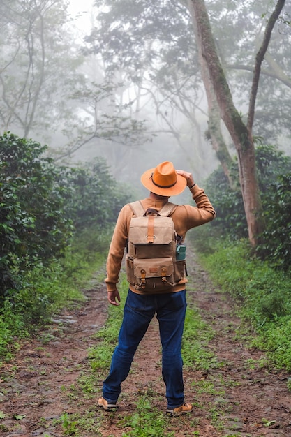 Hombre con sombrero y mochila vagando entre las plantas de café en un viaje de campo mexicano