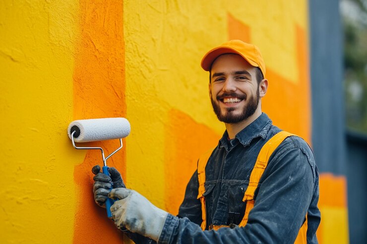 Foto un hombre con un sombrero naranja está sosteniendo un pincel con un cepillo de pintura