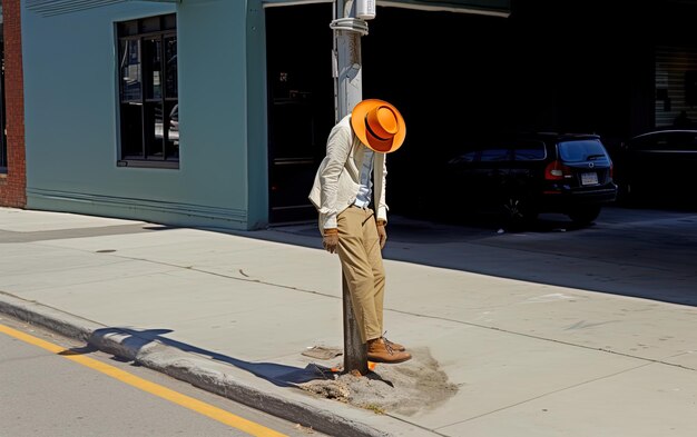 Foto un hombre con un sombrero naranja está de pie en la calle