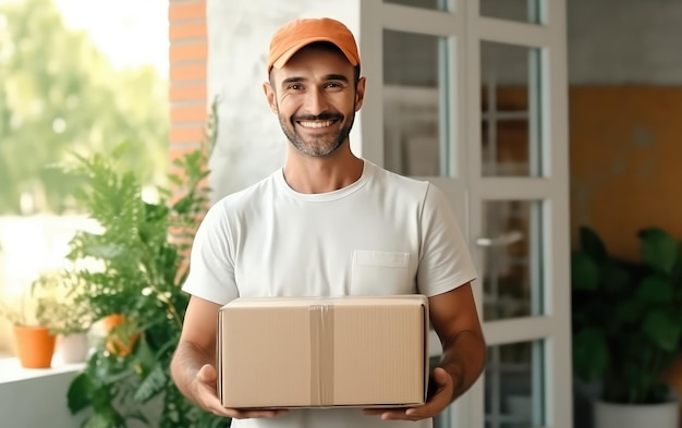 Un hombre con un sombrero naranja sostiene una caja con las palabras "lo está sosteniendo".