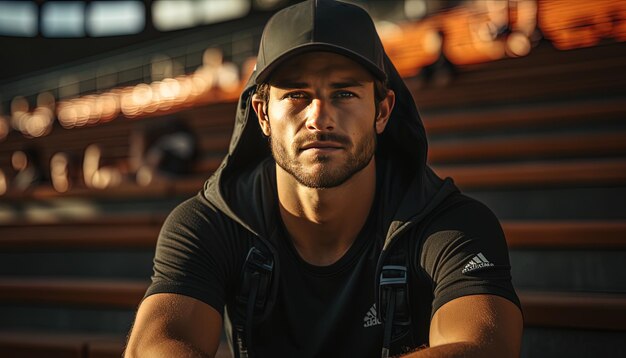 Foto un hombre con un sombrero negro con adidas en él