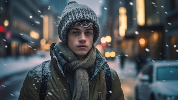 Un hombre con sombrero se para en la nieve de la ciudad.