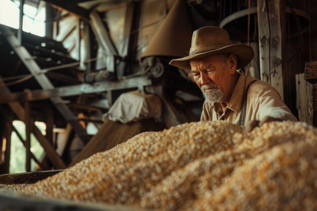 Foto un hombre con un sombrero observando una pila de maíz adecuado para conceptos agrícolas