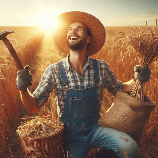 un hombre con un sombrero de paja con una mano grande sosteniendo un saco