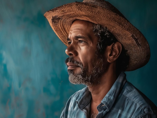 Un hombre con un sombrero de paja mirando hacia otro lado