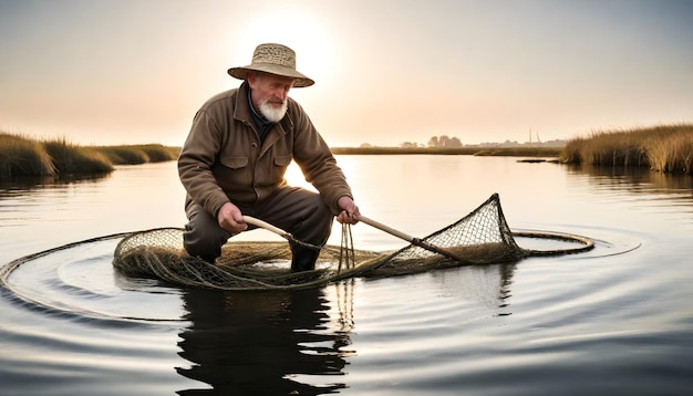 Foto un hombre con un sombrero de paja está remando un barco con una red que dice pescador