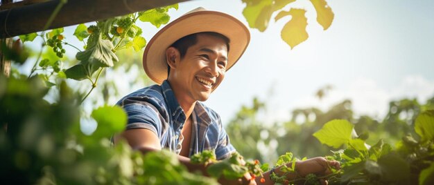 un hombre con sombrero de paja sonríe mientras recoge fresas