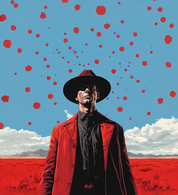 Foto un hombre con un sombrero de pie frente a un fondo rojo con globos rojos