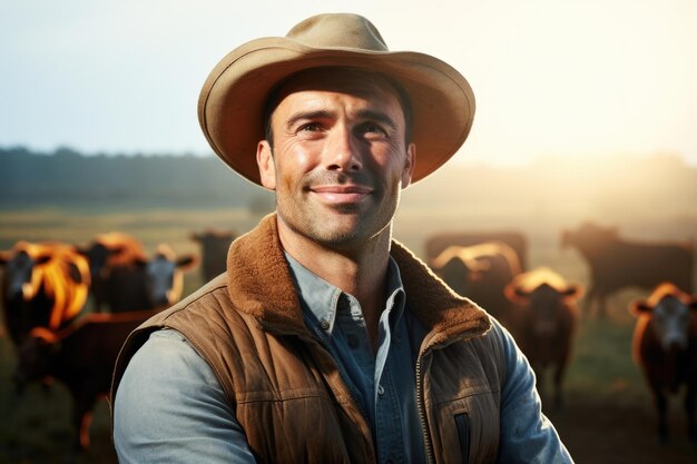 Hombre con sombrero de pie frente a las vacas