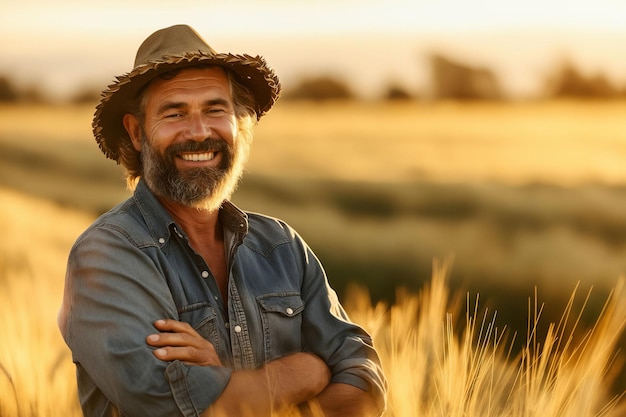 Un hombre con un sombrero de pie en el heno