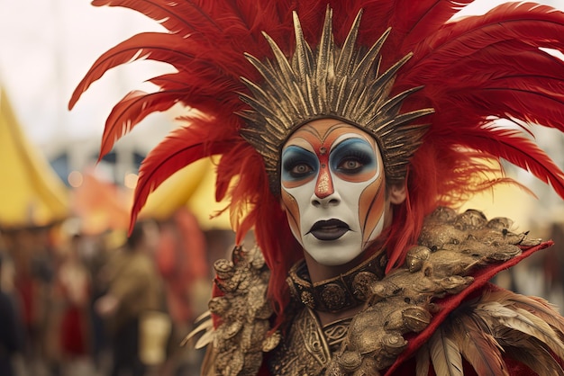 Un hombre con un sombrero de plumas rojas con un tocado de plumas rojizas.