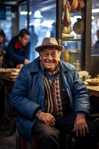 un hombre con un sombrero que dice viejo en él