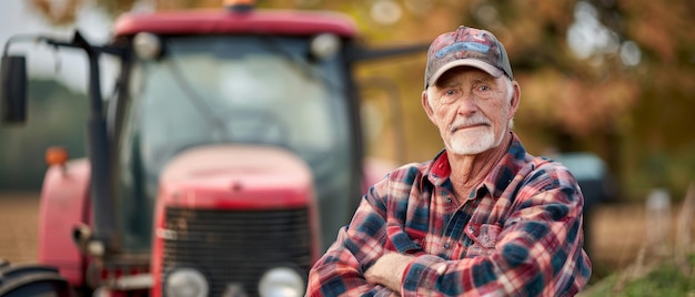 Foto un hombre con un sombrero que dice viejo se sienta delante de un tractor