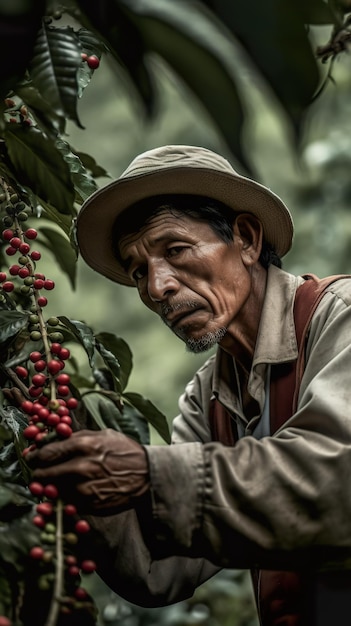 Un hombre con sombrero recogiendo granos de café de un árbol Imagen generativa de IA