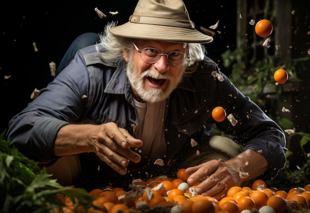 Hombre con sombrero rodeado de naranjas.