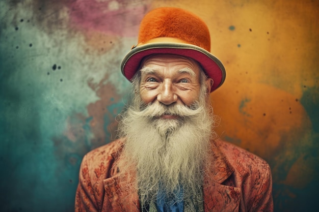 Un hombre con un sombrero rojo y barba que lleva una chaqueta roja con un sombrero rojo que dice "feliz cumpleaños".