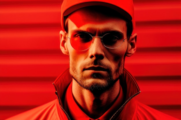Un hombre con un sombrero rojo y gafas de sol se para frente a una pared roja.