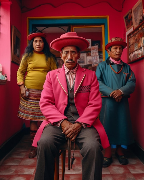 un hombre con un sombrero rosa se sienta en una puerta.