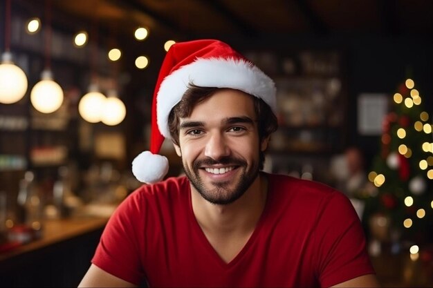 un hombre con un sombrero de Santa sentado frente a un árbol de Navidad