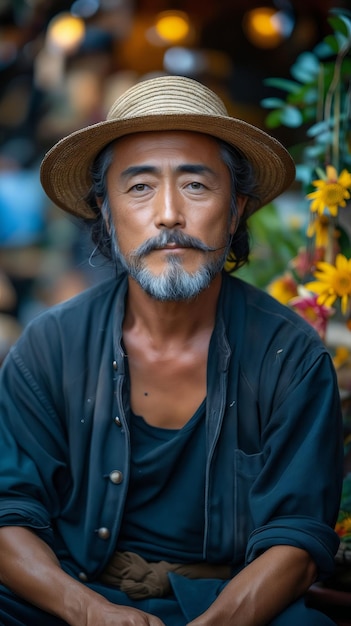 Un hombre con un sombrero sentado frente a las flores