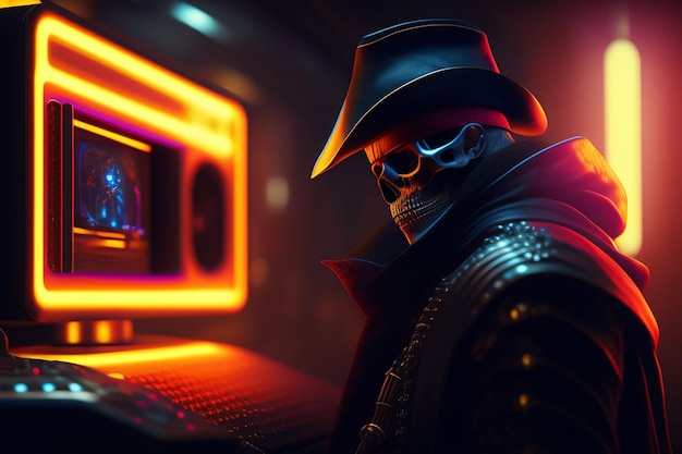 Un hombre con sombrero se sienta frente a una pantalla de computadora con un letrero de neón que dice cyberpunk.