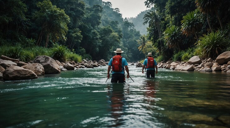 un hombre con un sombrero y un sombrerito está caminando en un río con una mochila