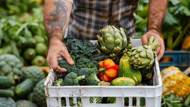 Un hombre con un sombrero sosteniendo una caja llena de verduras frescas variadas