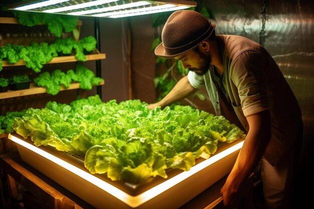 Un hombre con sombrero sostiene una planta de lechuga en un recipiente hidropónico.