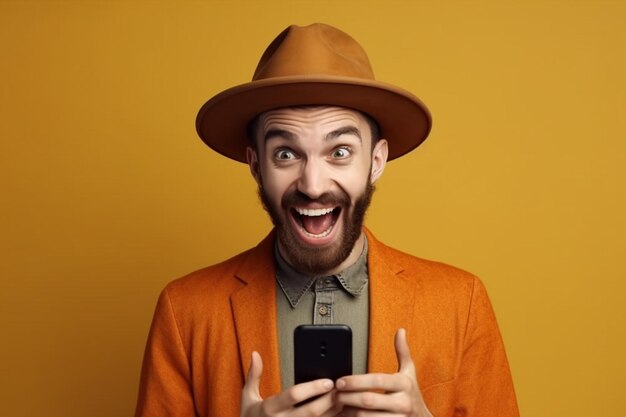 Un hombre con sombrero sostiene un teléfono y sonríe.