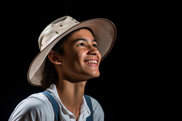 un hombre con sombrero y tirantes sonríe