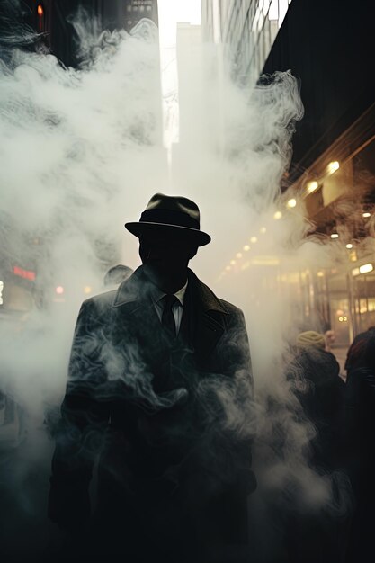 un hombre con un sombrero y un traje de pie frente a un letrero que dice humo