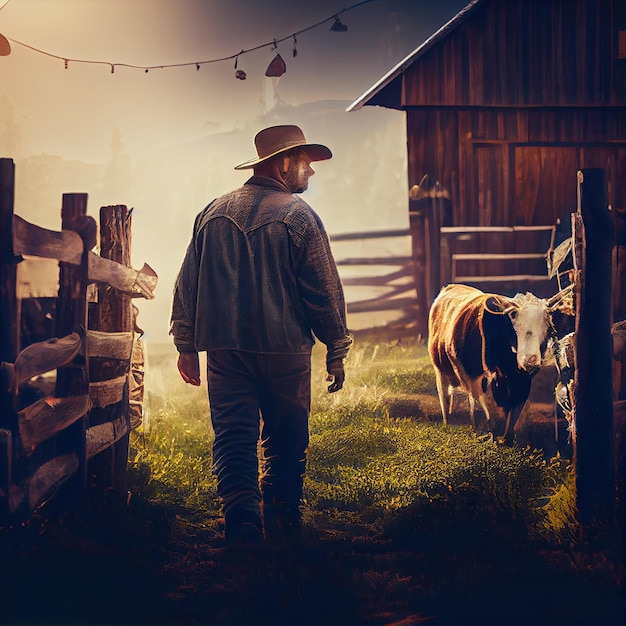 Un hombre con sombrero de vaquero caminando por una granja