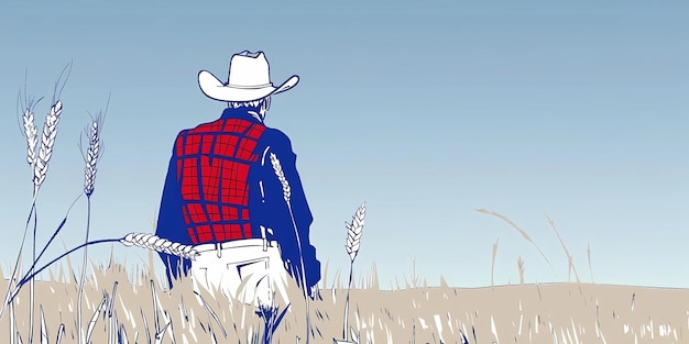 un hombre con un sombrero de vaquero está en un campo con una vaca