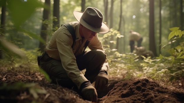 Un hombre con sombrero de vaquero está cavando un hoyo en un bosque.