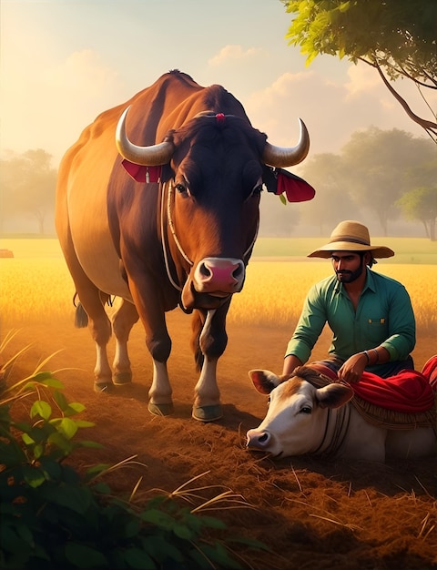 Un hombre con un sombrero de vaquero monta una vaca en un campo con una puesta de sol al fondo.