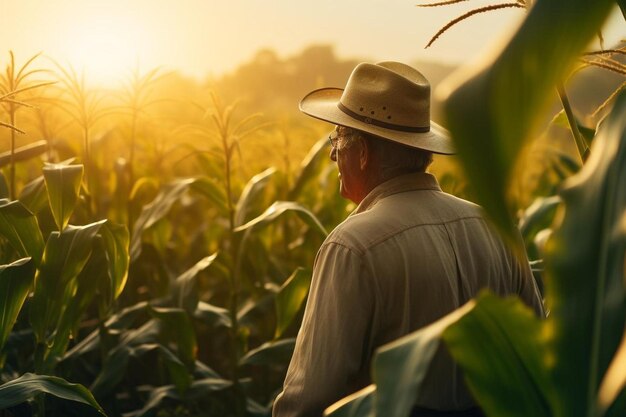 un hombre con un sombrero de vaquero de pie en un campo de maíz