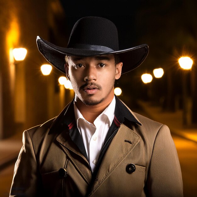 Foto un hombre con un sombrero de vaquero está de pie frente a una calle con luces en la calle