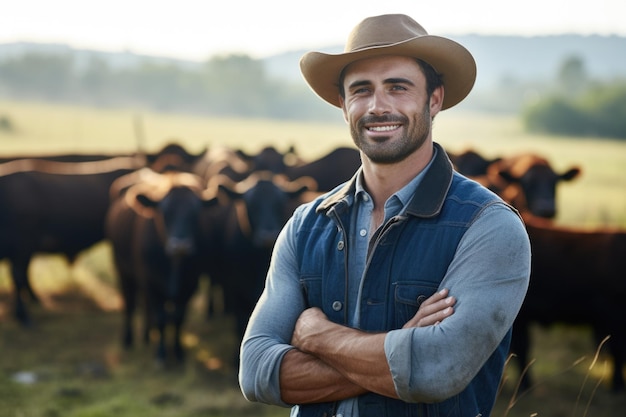 Foto hombre con sombrero de vaquero de pie frente a las vacas