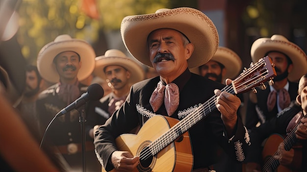 Hombre con sombrero de vaquero tocando la guitarra al aire libre para una pequeña audiencia Chico De Mayo