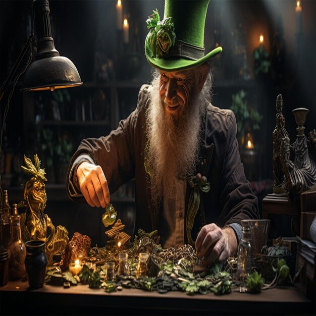 Foto un hombre con un sombrero verde está trabajando en una mesa con un sombreiro verde que dice quot lech quot