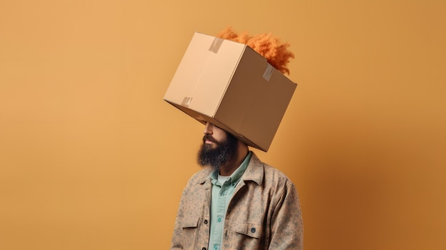 Hombre con sombreros inusuales posa contra un fondo naranja vibrante en una serie de fotos ecléctica